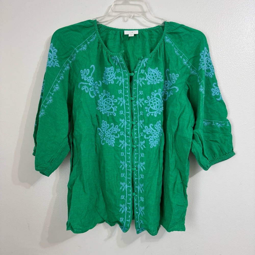 J. Jill Linen-Blend Floral Pattern Embroidered Top